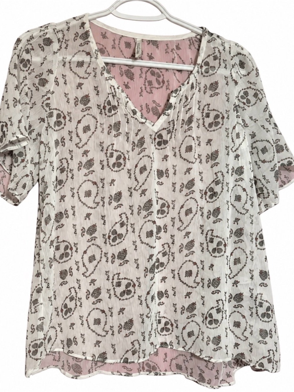 stradivarius brown and White Paisley V-Neck Blouse